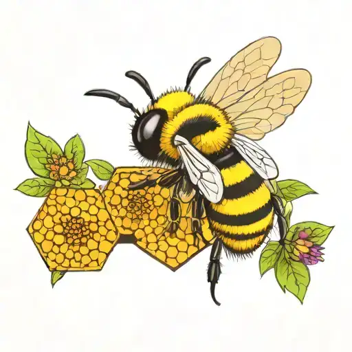 Realistic bee with vibrant flowers and honeycomb hexagon patterns in the background, rich in detail tattoo design idea