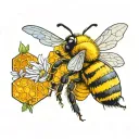 Realistic bee with vibrant flowers and honeycomb hexagon patterns in the background, rich in detail tattoo design idea