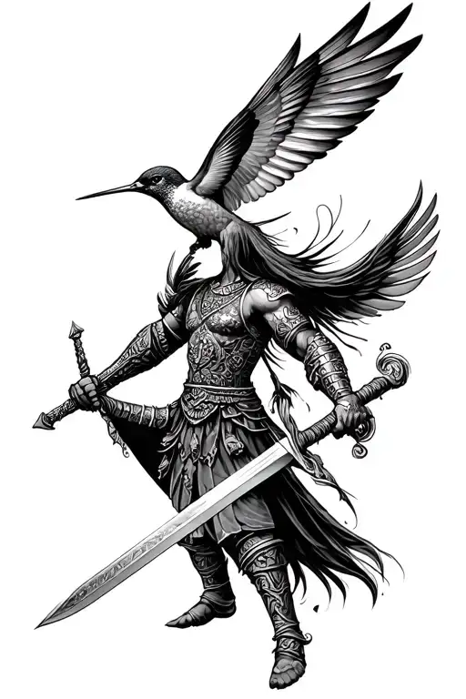 Warrior holding sword with a humming bird flying tattoo design idea