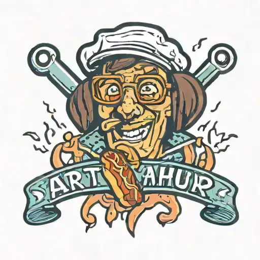 the name Arthur written surrounded by cartoon hot dogs tattoo design idea