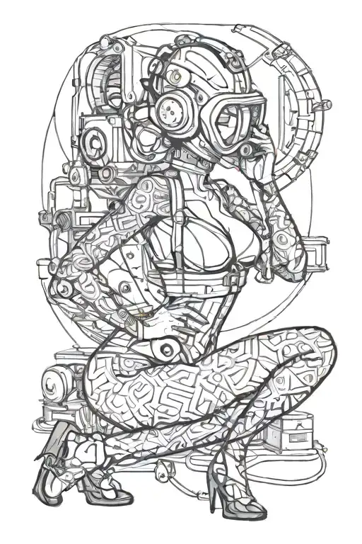 sexy pin up donning welding mask and lingerie, big, round ass,  over on her knees using torch, she's very fit. not weird tattoo design idea