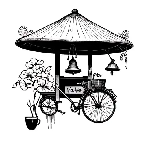 Tattoo flash sheet: Hanoi symbols – conical hat, street vendor, Bia Hoi cup, cyclo, temple bell – hand-drawn line style, tattoo design idea