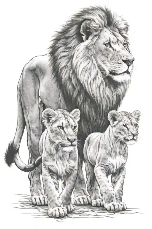 lion with 2  cubs walking tattoo design idea