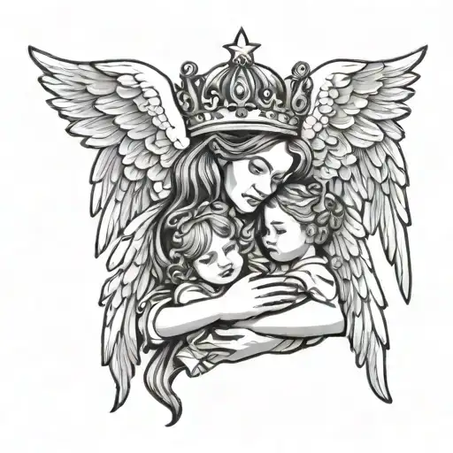 angel wings spread wide with a princess crown and a fathers hand holding his daughters with stars above  tattoo design idea