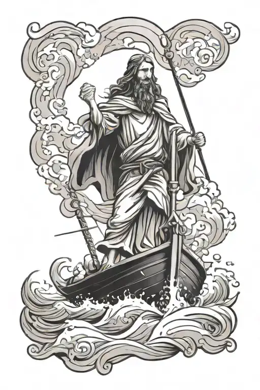 jesus calming the storm on the boat floating tattoo design idea