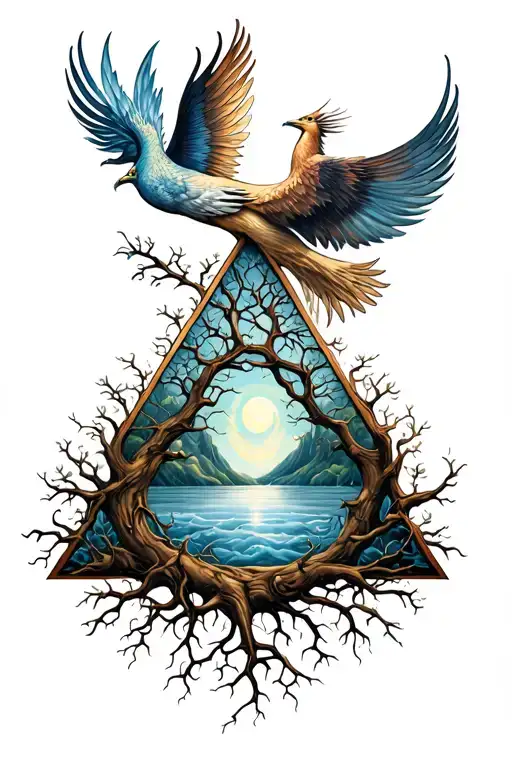 Triangle and Phoenix root tree of life that flies away tattoo design idea