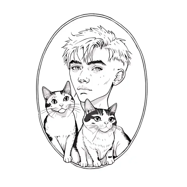punk rock young man with gang of cats tattoo design idea