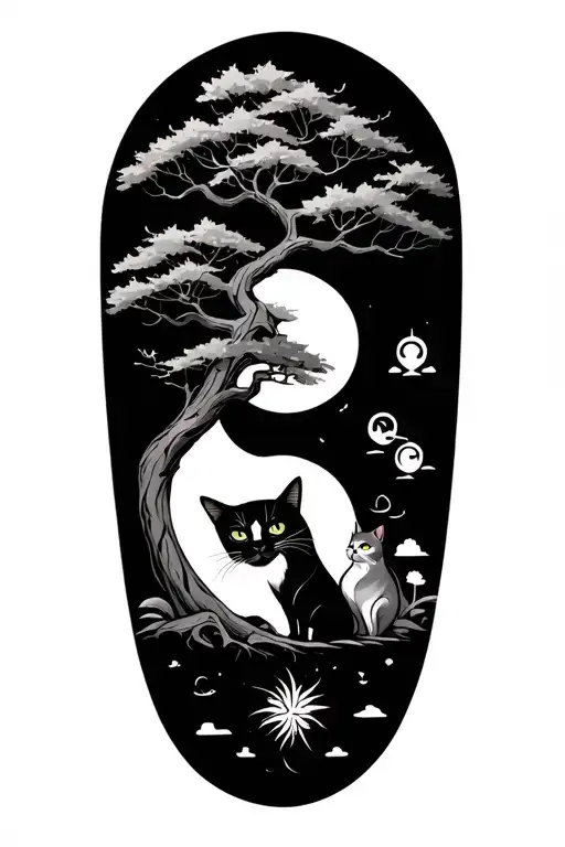 conceptualized tattoo of japanese style, Zodiac sign Virgo, trees and cats tattoo design idea