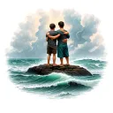 two brothers watching the stormy sea on a rock, one under each other's arms tattoo design idea