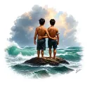 two brothers watching the stormy sea on a rock, one under each other's arms tattoo design idea