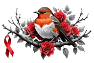 Robin sitting on branch surrounded by a lot of red roses with a cancer ribbon hanging off the end of it tattoo design idea