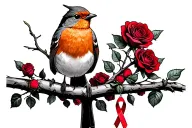 Robin sitting on branch surrounded by a lot of red roses with a cancer ribbon hanging off the end of it tattoo design idea