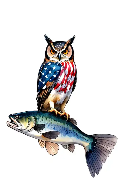 American flag, owl, walleye tattoo design idea