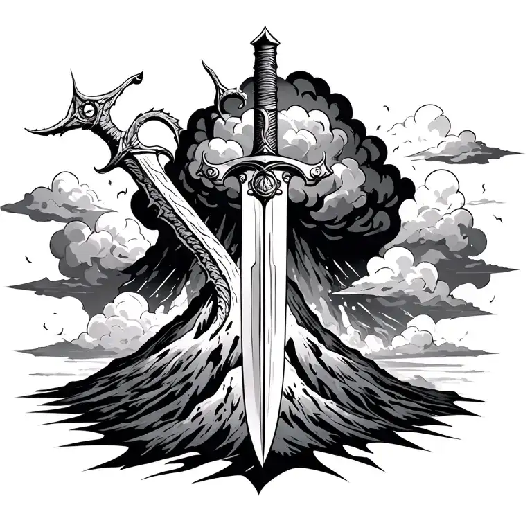 scale sword and volcano explosion with clouds tattoo design idea