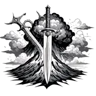 scale sword and volcano explosion with clouds tattoo design idea