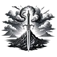 scale sword and volcano explosion with clouds tattoo design idea