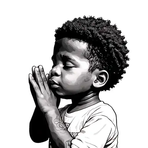 realistic African American young boy with a nappy mini Afro praying with eyes closed looking sideways tattoo design idea