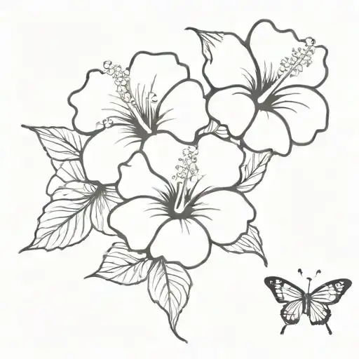 one hibiscus flower with two butterflies tattoo design idea