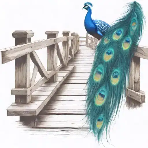 black and white wooden bridge with colorful peacock feather  tattoo design idea