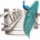 black and white wooden bridge with colorful peacock feather  tattoo design idea