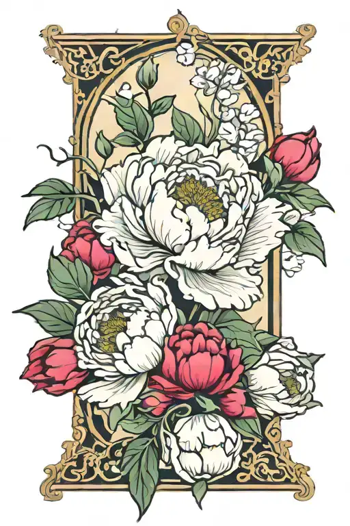 art nouveau, peony tattoo design idea