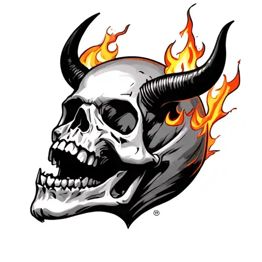 screaming skull with fire, pentagon and horns, facing front tattoo design idea