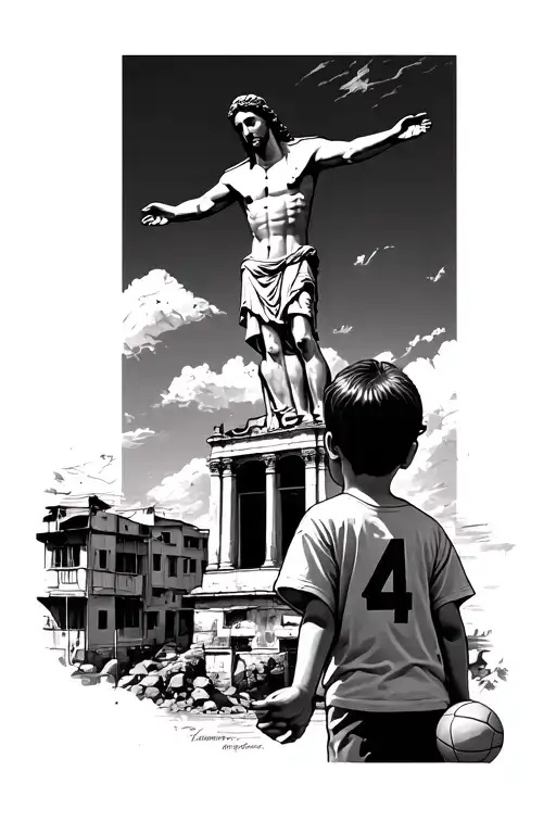 Brazilian kid with a ball in his hands wearing number 4 tshirt around favelas looking at famous Jesus statue in Brazil  tattoo design idea