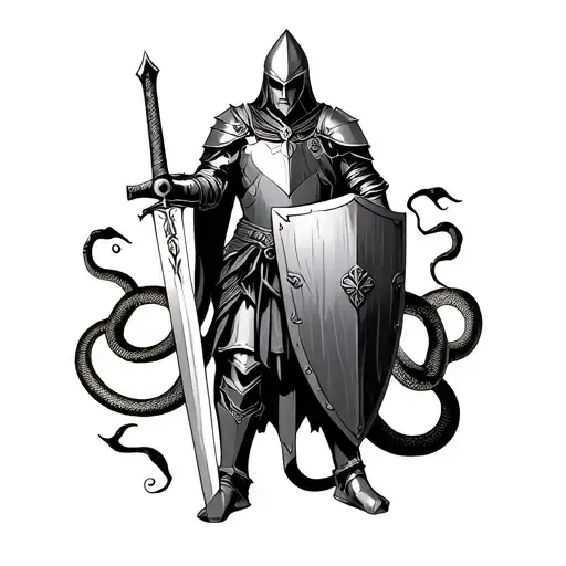 Standing Knight with sword and shield surrounded by snakes tattoo design idea