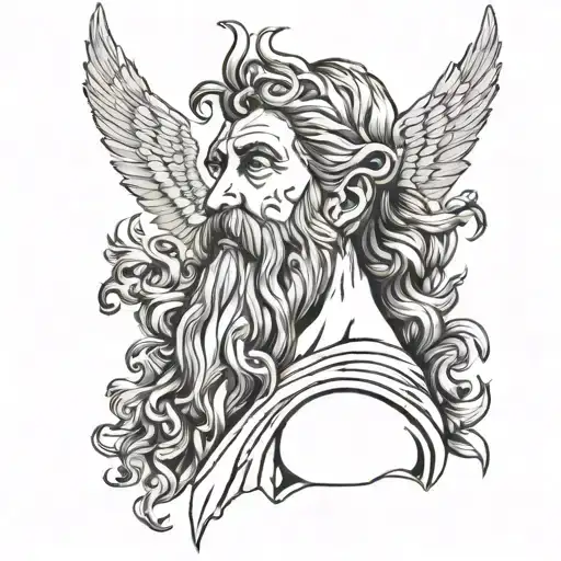 Zeus, the 7 great Greek gods sitting on his crown and the Greek people in chaos trying to climb their beards tattoo design tattoo design idea