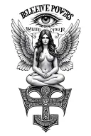 "BELIEVE POWERS YOUR MIND" an angel sitting on the ankh..above her the eye of horus.  tattoo design idea
