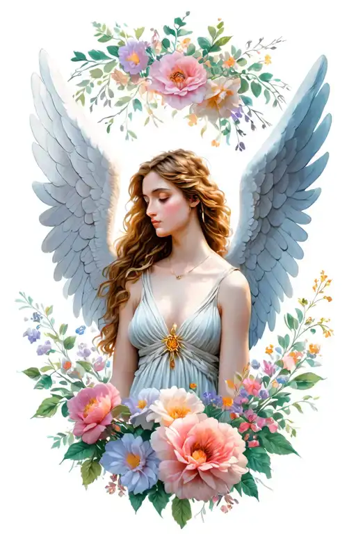 angel and flowers tattoo design idea