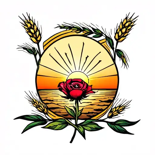 sunrise over the plains, wheat stocks border, with a desert rose on the bottom  tattoo design idea