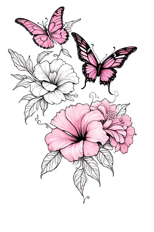 A whimsical, delicate, but detailed pink and black floral thigh tattoo with two almost gothic butterflies and hibiscus tattoo design idea