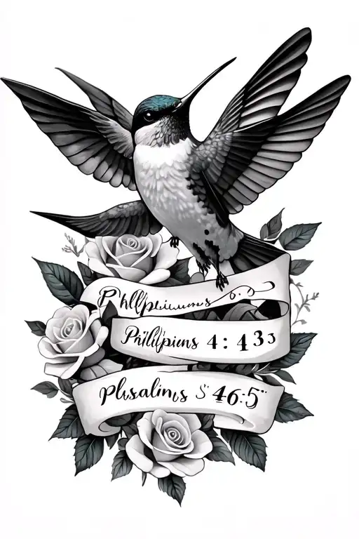 2 hummingbirds with banners that read Philippians 4:13 and psalms 46:5 surrounded by callylillies & roses tattoo design idea
