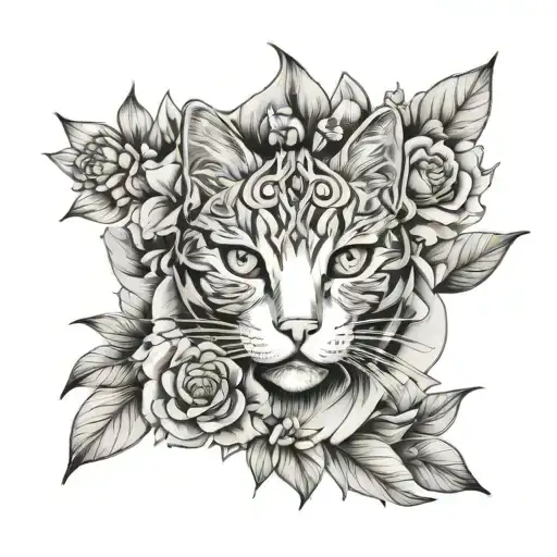cat flowers line work tattoo design idea