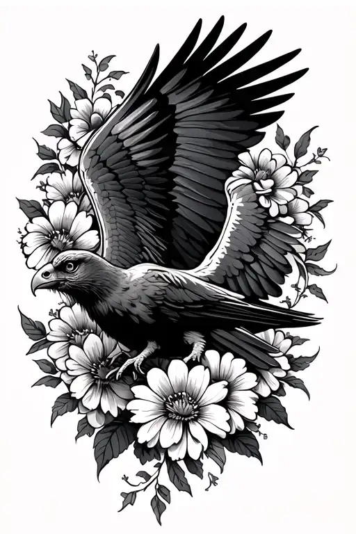 flying buzzard with flowers around it tattoo design idea
