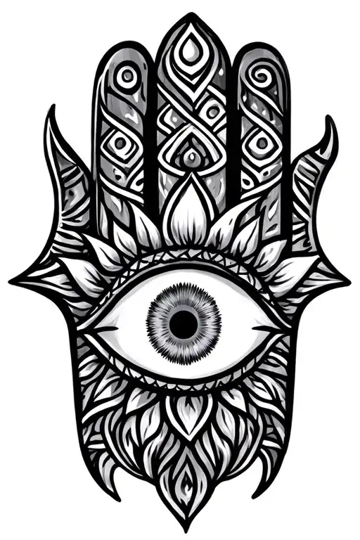 hamsa hand, evil eye symbol integrated tattoo design idea