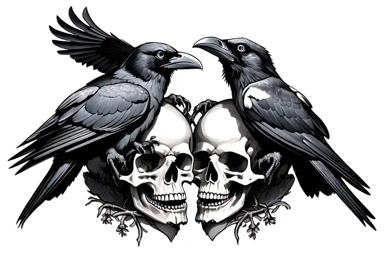 2 ravens landing on skulls across each other tattoo design idea