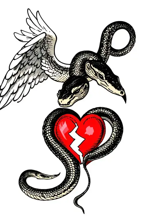 Snake body with Angel face wrapping its tail around a broken heart tattoo design idea