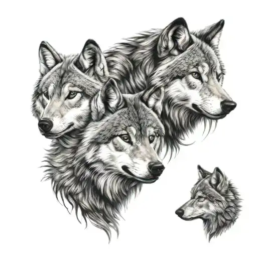 Full sleeve wolf pack wih angry adult male, adult female, adolescent male, adolescent female, male puppy, male puppy. tattoo design idea