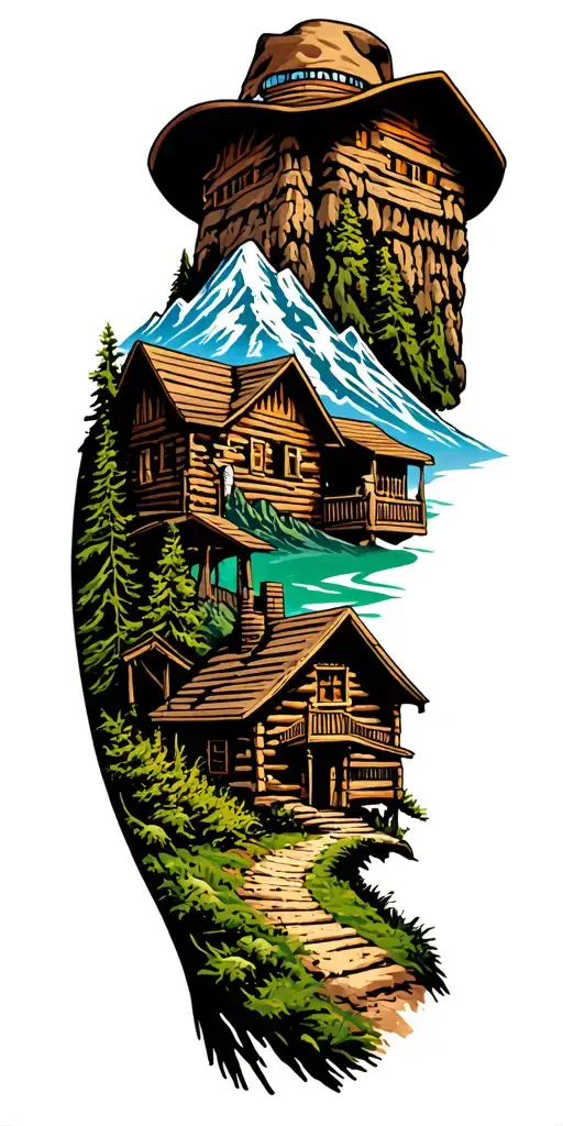 Mountain cabin and trail winding road leading its pack tattoo design idea