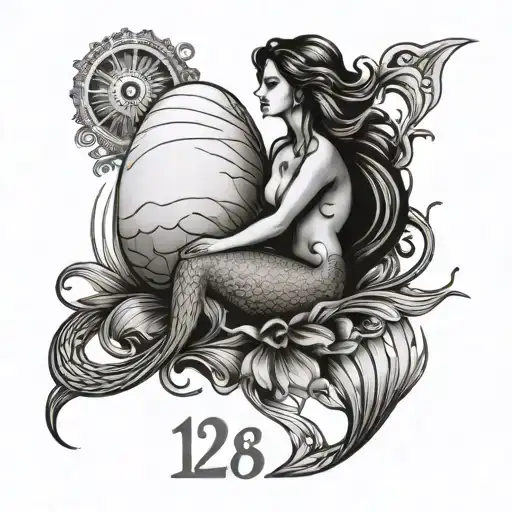 number 128, feminine energy, energy preservation, egg , new beginnings symbolism, very gentle, mermaid like feminine tattoo design idea