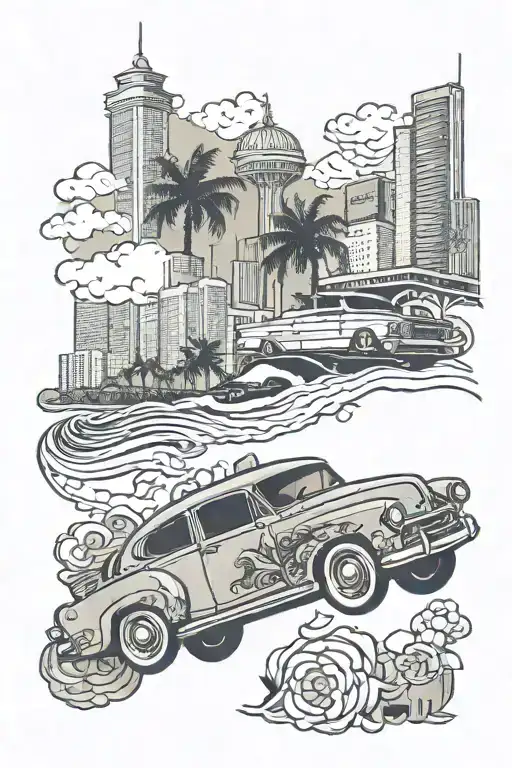 Miami skyline, tuned car, weather and travel around the world tattoo design idea