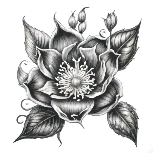  highly detailed, photorealistic, grayscale tattoo of 'queen of the night'  flower, feminine, inspired by lyrics "Find s tattoo design idea