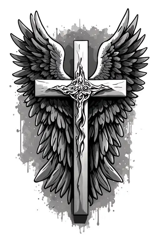 cross with angel wings tattoo design idea