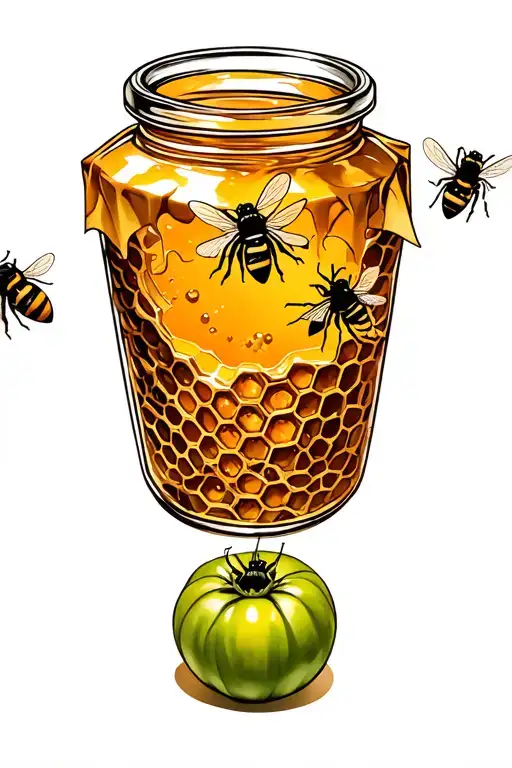 Jar of honey covered with bees wax paper with honey comb inside beside a green tomatoes with bees flying around tattoo design idea