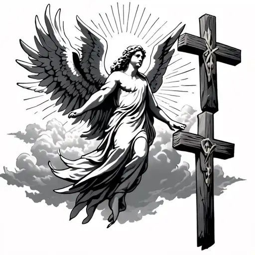 guardian Angel realistic flying over 3 wooden crosses with sun rays coming through the clouds tattoo design idea