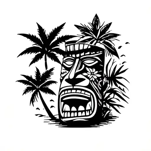 Full-leg black ink tattoo in a graphic, minimalist style with a tropical tiki theme. The composition should extend from  tattoo design idea