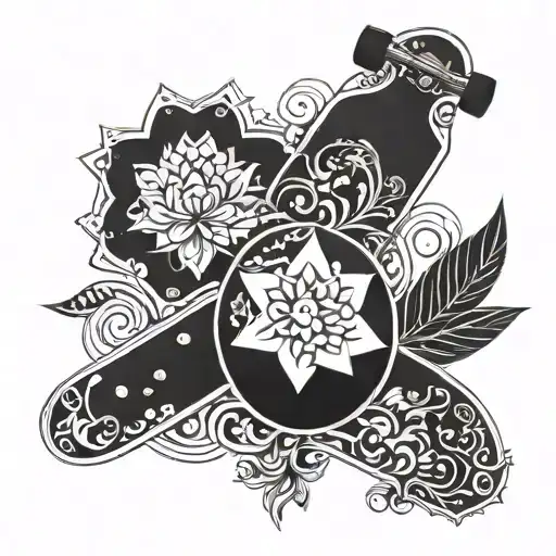 Skateboard deck adorned with intricate flower patterns intertwined with blacksmith tools like hammers and anvils tattoo design idea