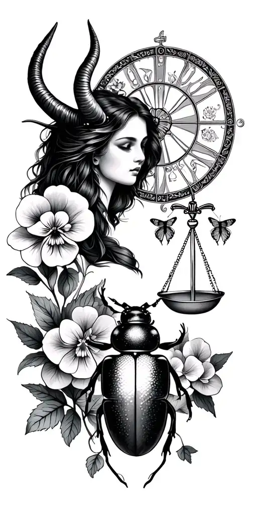 Capricorn and Libra symbols, scales, pansy flower, butterfly, astrology wheel, woman with horns, beetle, hydrangeas tattoo design idea